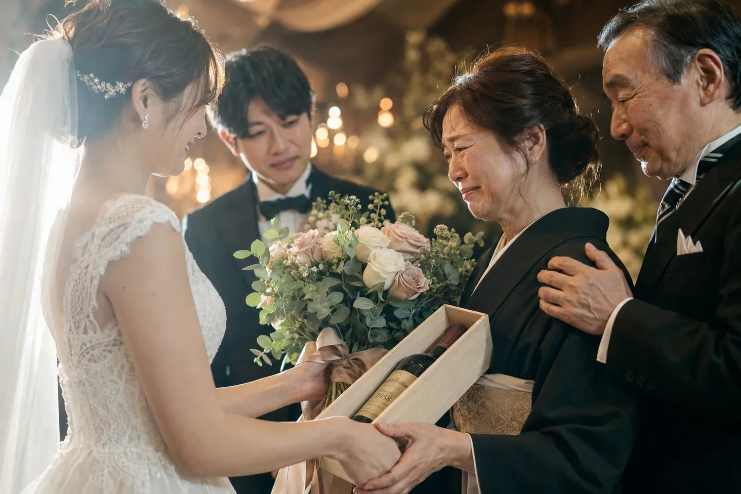 結婚式で花嫁様が生まれ年のヴィンテージワインを両親へ贈る感動の瞬間